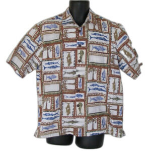 KAHALA Hawaiian Shirt, L, Fish theme, Pocket, Off-white/Brown, Short sleeves